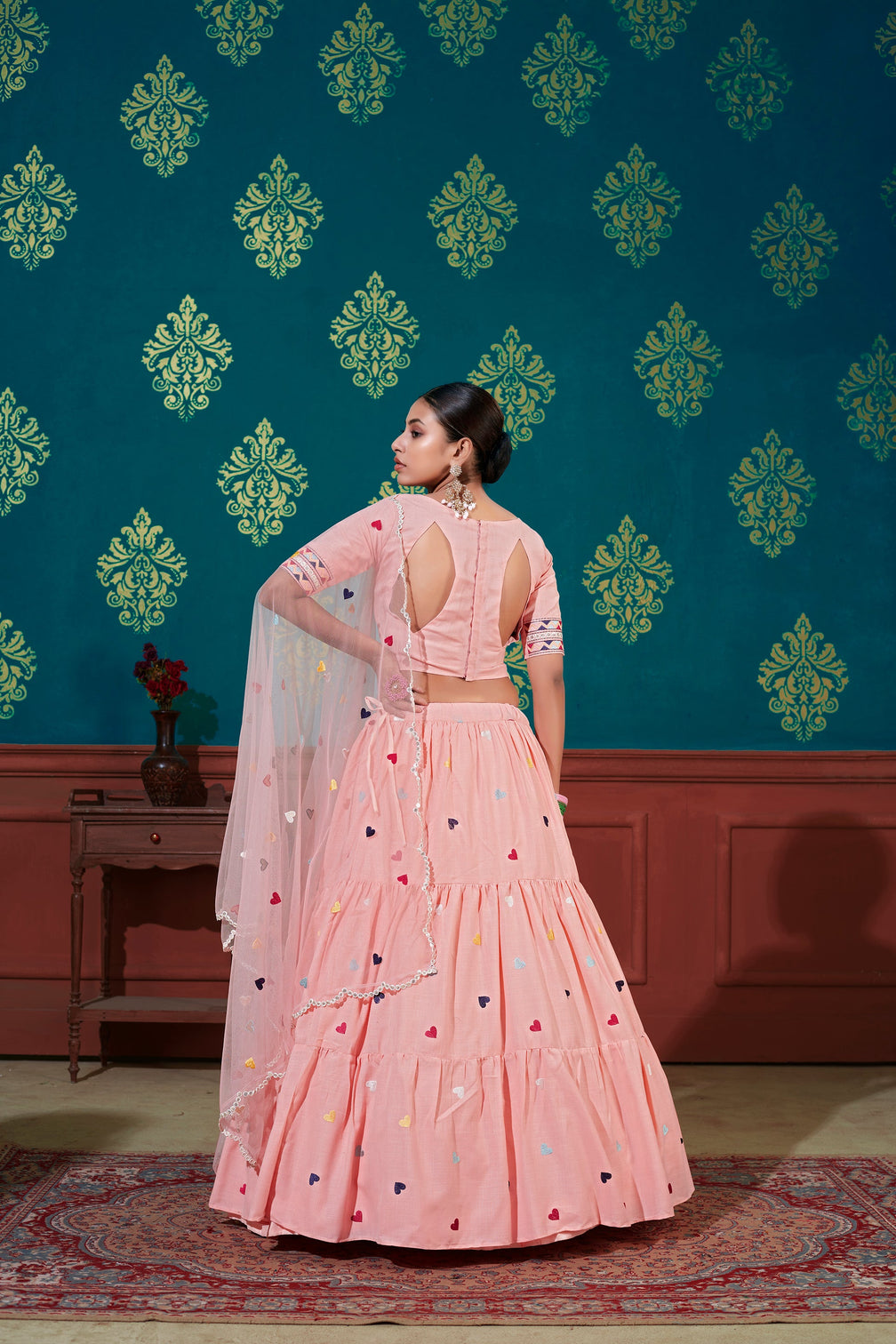 Pink Thread With Sequins Embroidered Cotton Semi Stitched Lehenga