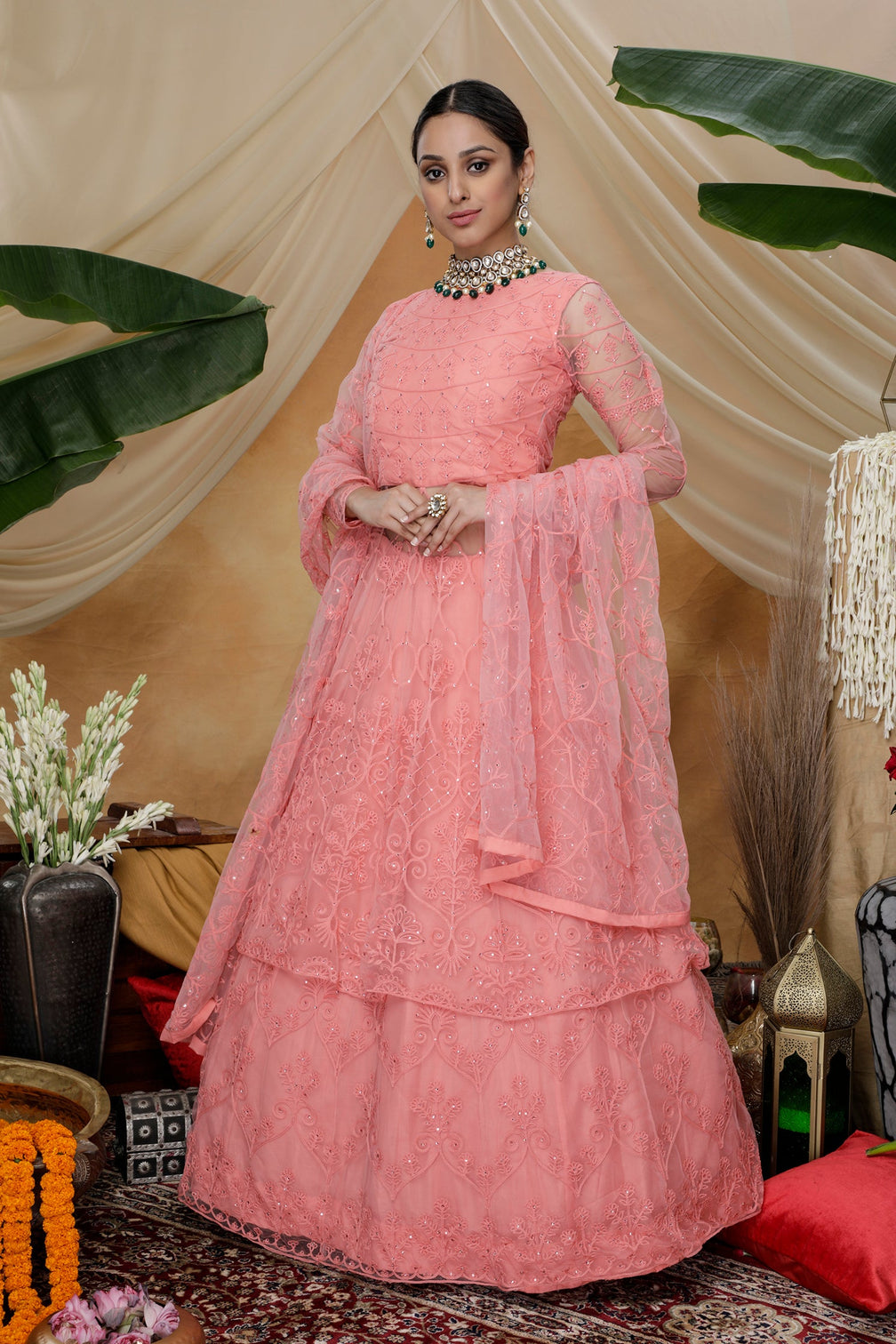 Pink Thread Work Net Party Wear Lehenga Suit