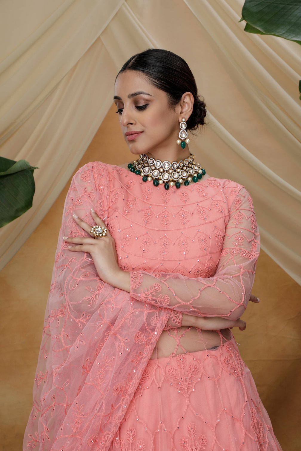 Pink Thread Work Net Party Wear Lehenga Suit