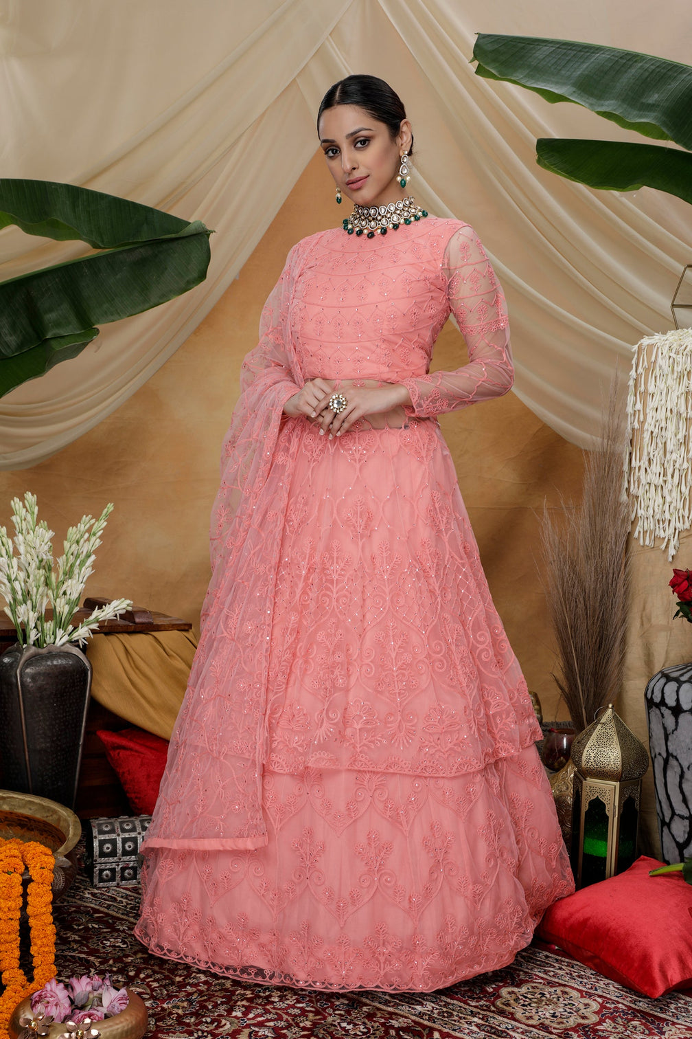 Pink Thread Work Net Party Wear Lehenga Suit