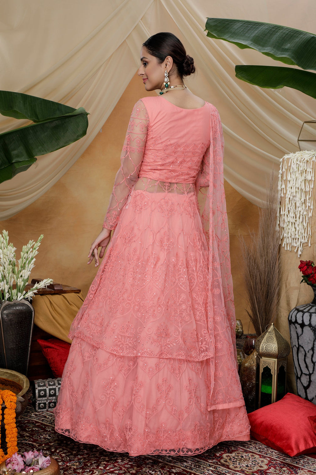 Pink Thread Work Net Party Wear Lehenga Suit