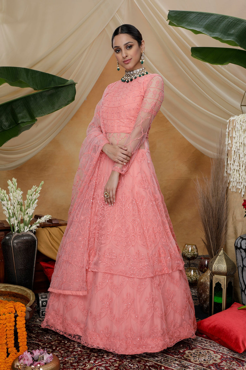 Pink Thread Work Net Party Wear Lehenga Suit