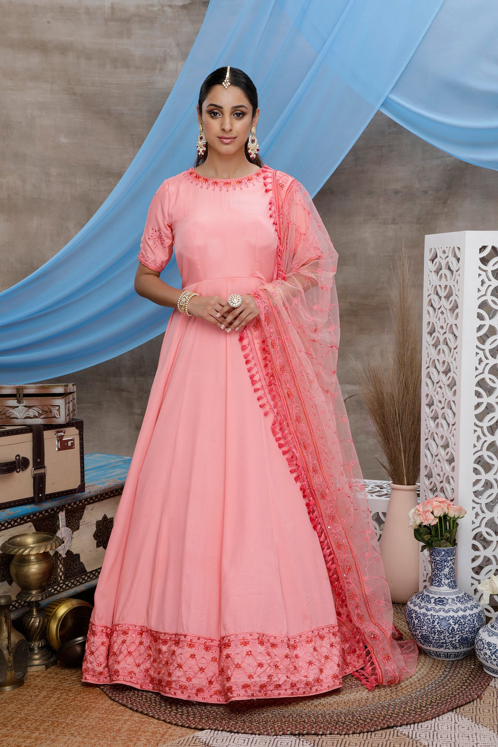 Pink Thread Work Silk Festive Wear Long Anarkali Gown