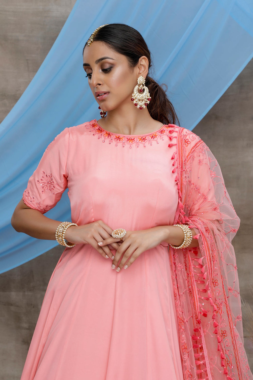 Pink Thread Work Silk Festive Wear Long Anarkali Gown