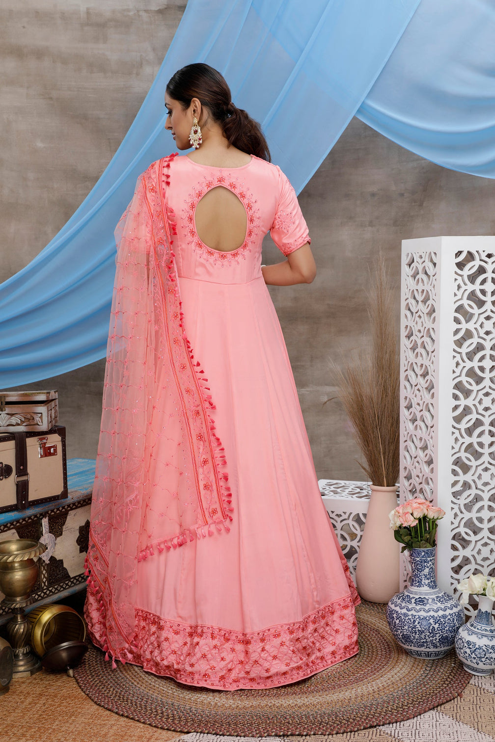 Pink Thread Work Silk Festive Wear Long Anarkali Gown