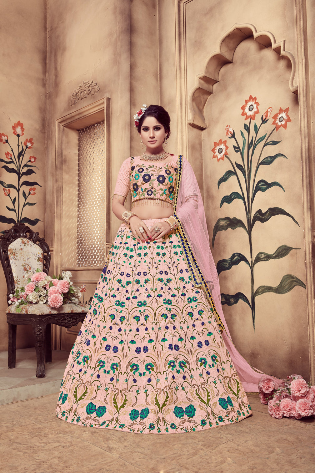 Pink Zari & Sequence Embroidery With Foil Work Silk Lehenga