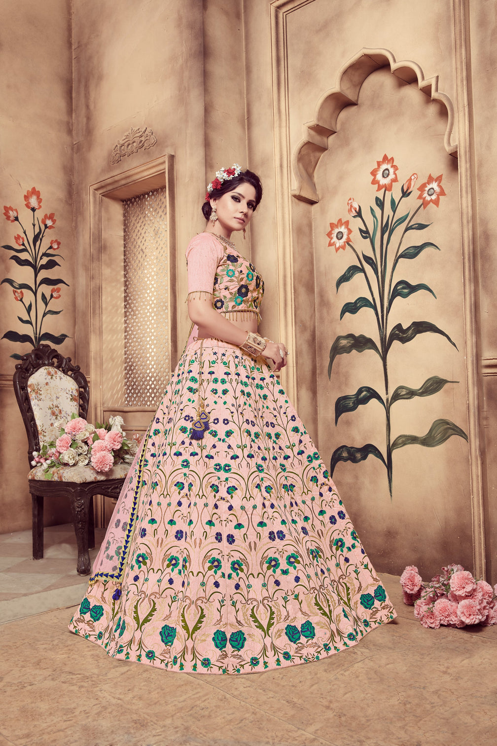 Pink Zari & Sequence Embroidery With Foil Work Silk Lehenga