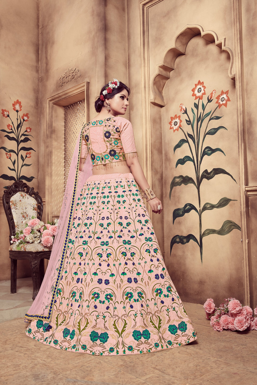 Pink Zari & Sequence Embroidery With Foil Work Silk Lehenga