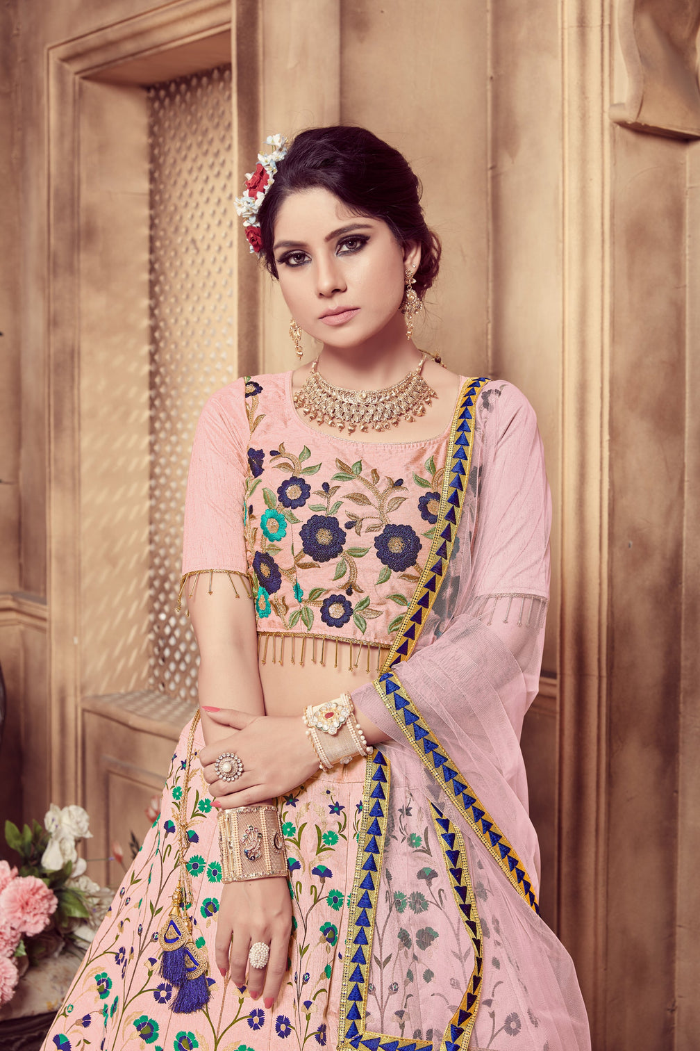 Pink Zari & Sequence Embroidery With Foil Work Silk Lehenga
