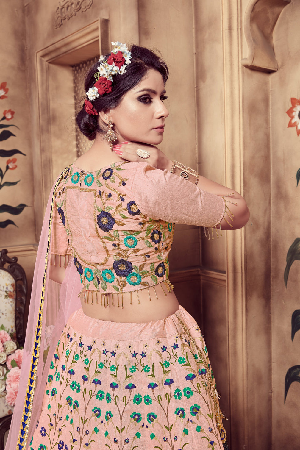 Pink Zari & Sequence Embroidery With Foil Work Silk Lehenga