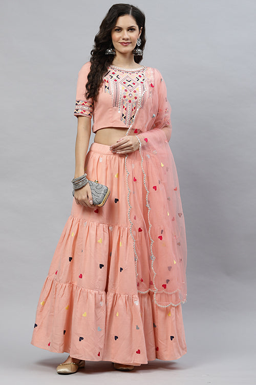Pink Cotton Multi Embroidered Work Lehenga Choli