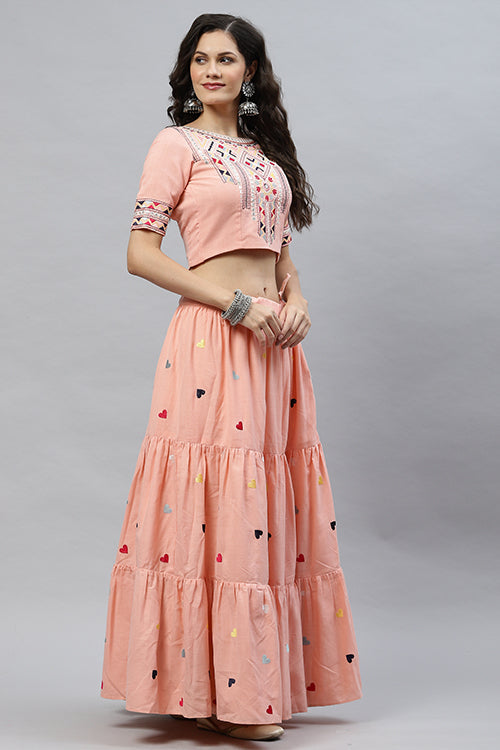 Pink Cotton Multi Embroidered Work Lehenga Choli