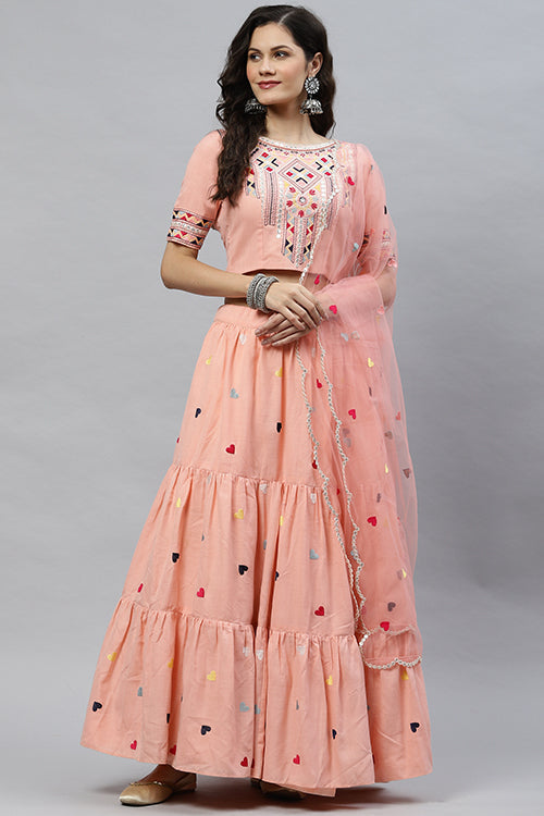 Pink Cotton Multi Embroidered Work Lehenga Choli
