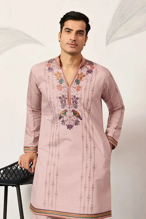 Classic Pink Embroidered V Neck Kurta Pant Outfit for Mens Wear