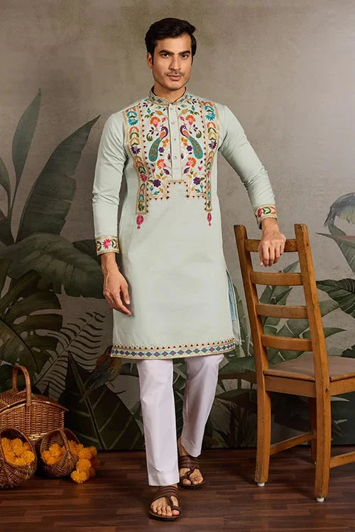 Pista Color Wedding Special Kurta Design for Mens Wear