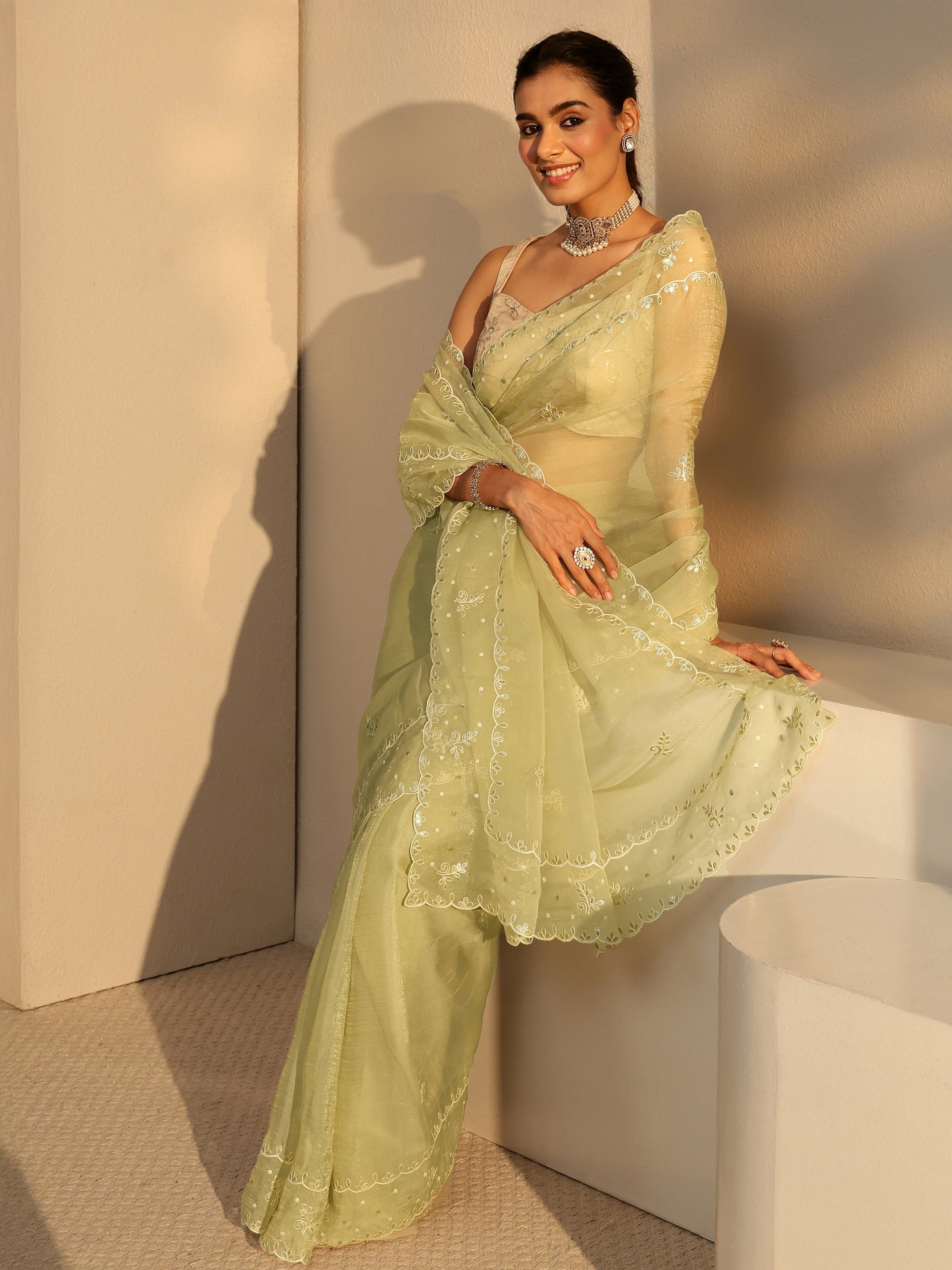 Libas Pista Green Floral Embroidered Tissue Saree