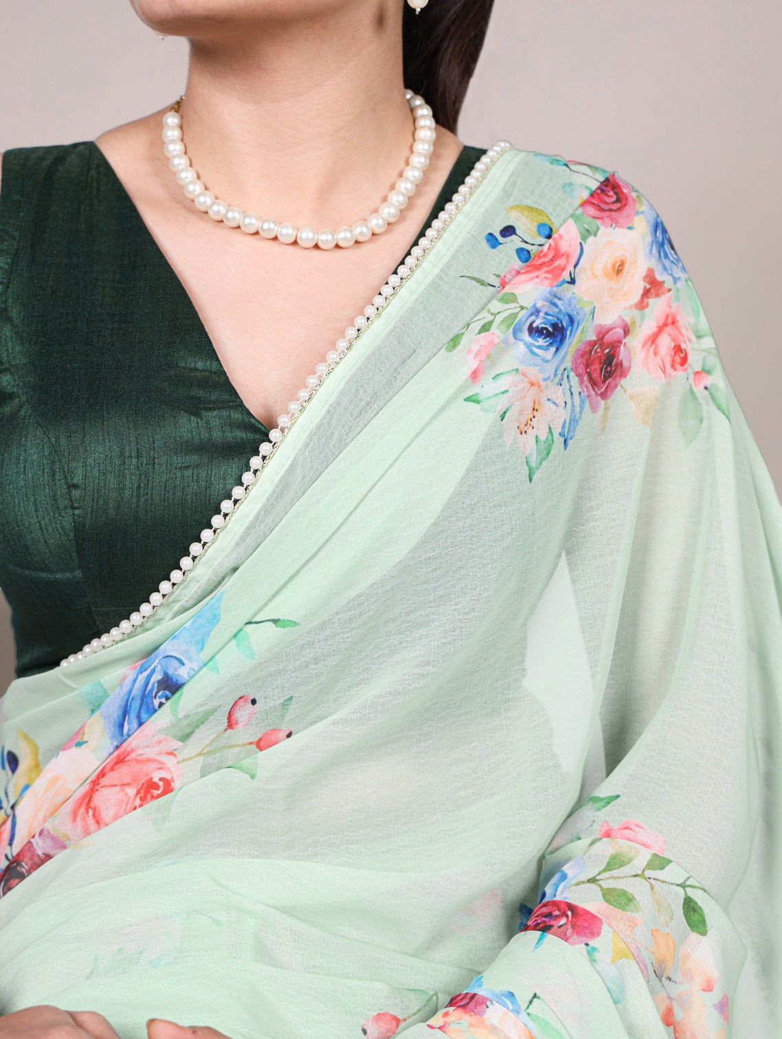 Pista Graceful Weightless Marble Saree with Floral Print & Pearl Lace Border – Includes Banglory Blouse Piece