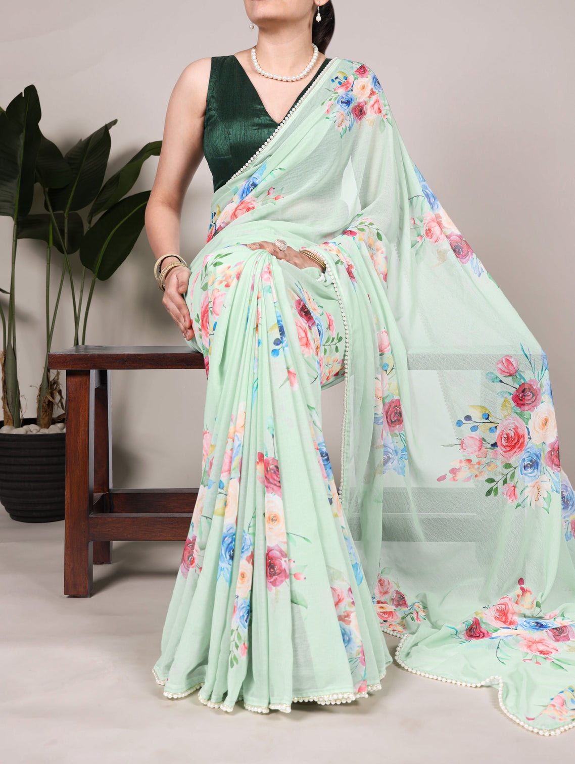 Pista Graceful Weightless Marble Saree with Floral Print & Pearl Lace Border – Includes Banglory Blouse Piece