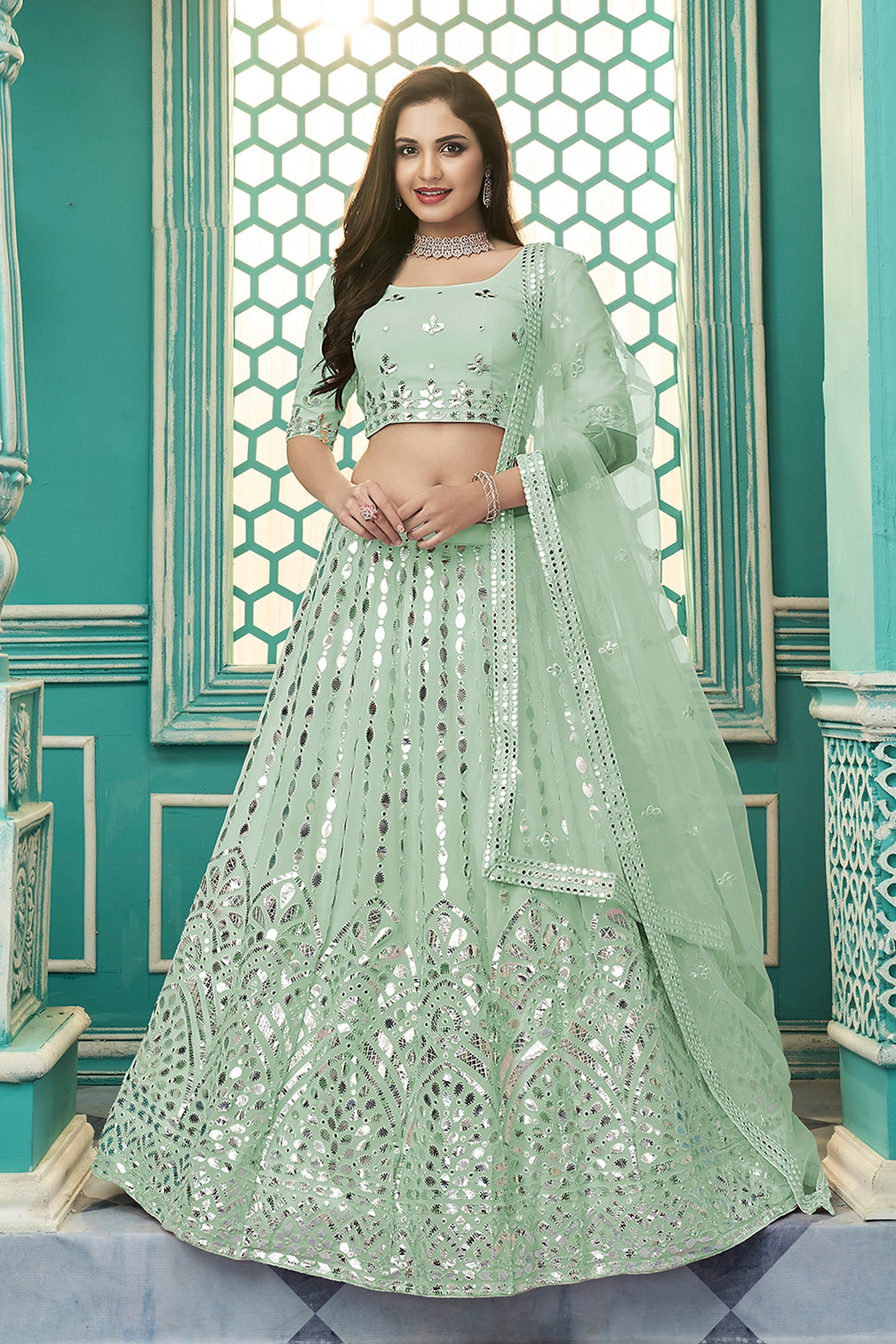 Pista Green Georgette Lehenga Choli With Soft Net Dupatta And Heavy Embroidery Gotta Patti Work Lehenga Choli For Women