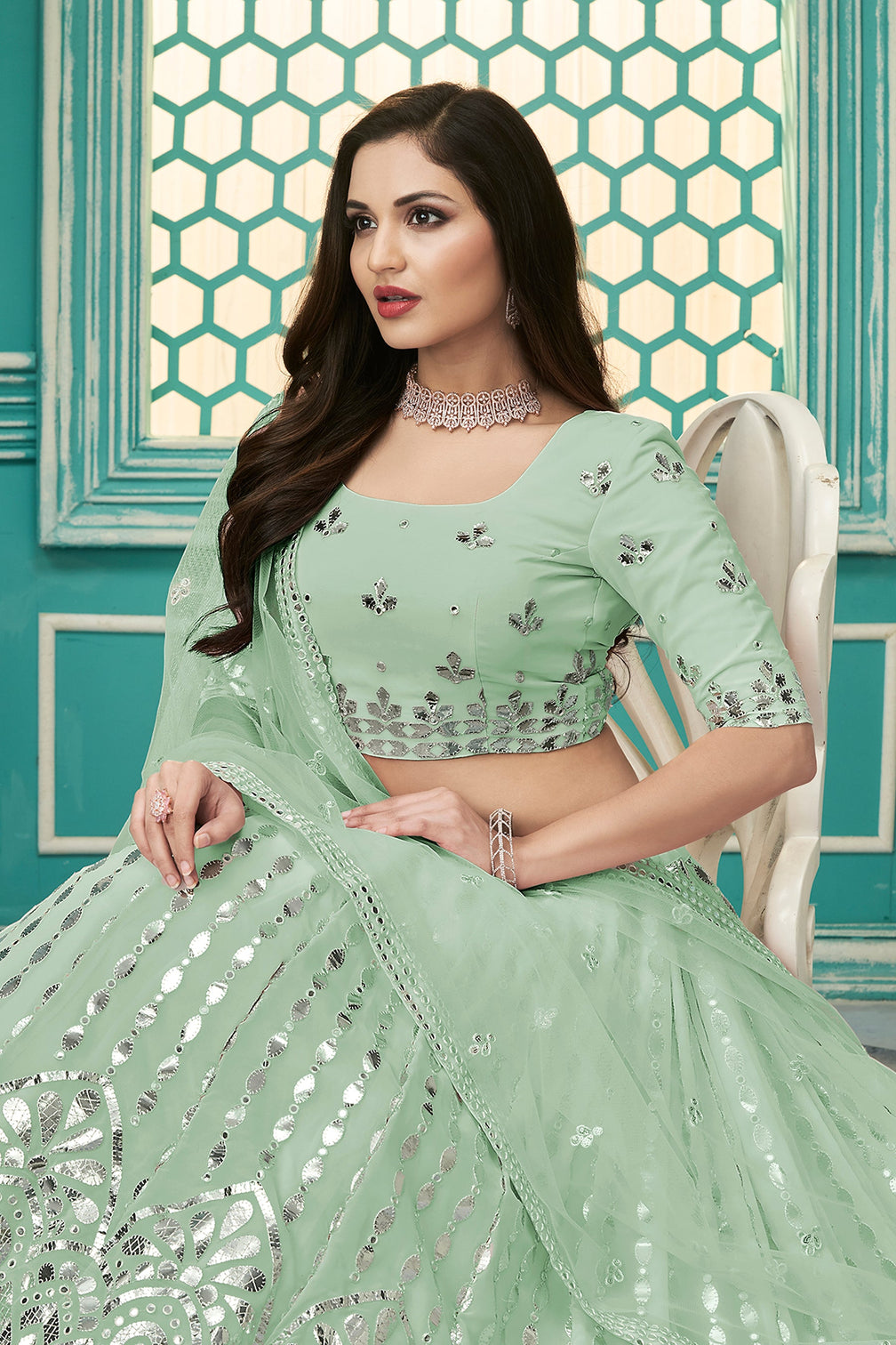 Pista Green Georgette Lehenga Choli With Soft Net Dupatta And Heavy Embroidery Gotta Patti Work Lehenga Choli For Women