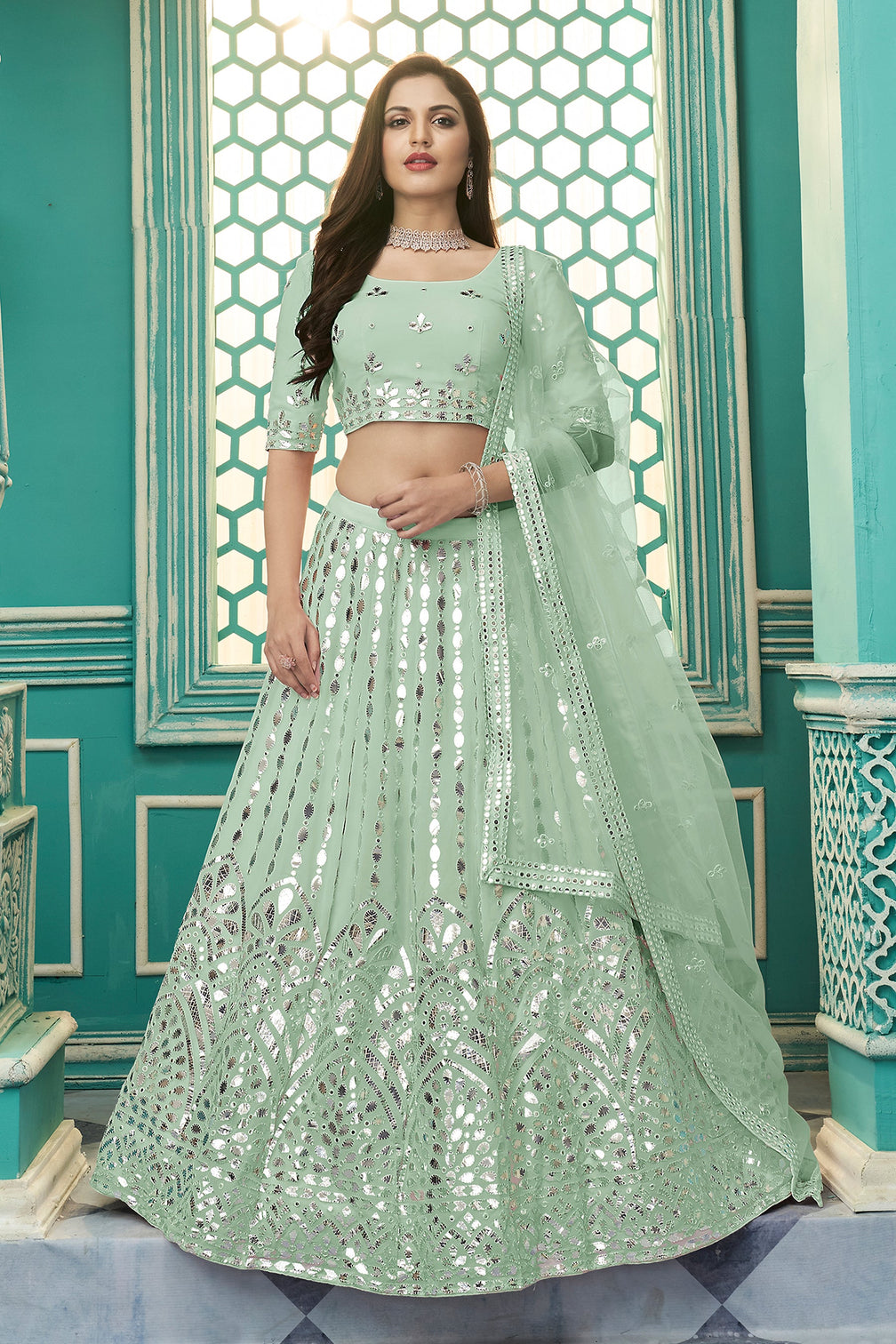 Pista Green Georgette Lehenga Choli With Soft Net Dupatta And Heavy Embroidery Gotta Patti Work Lehenga Choli For Women