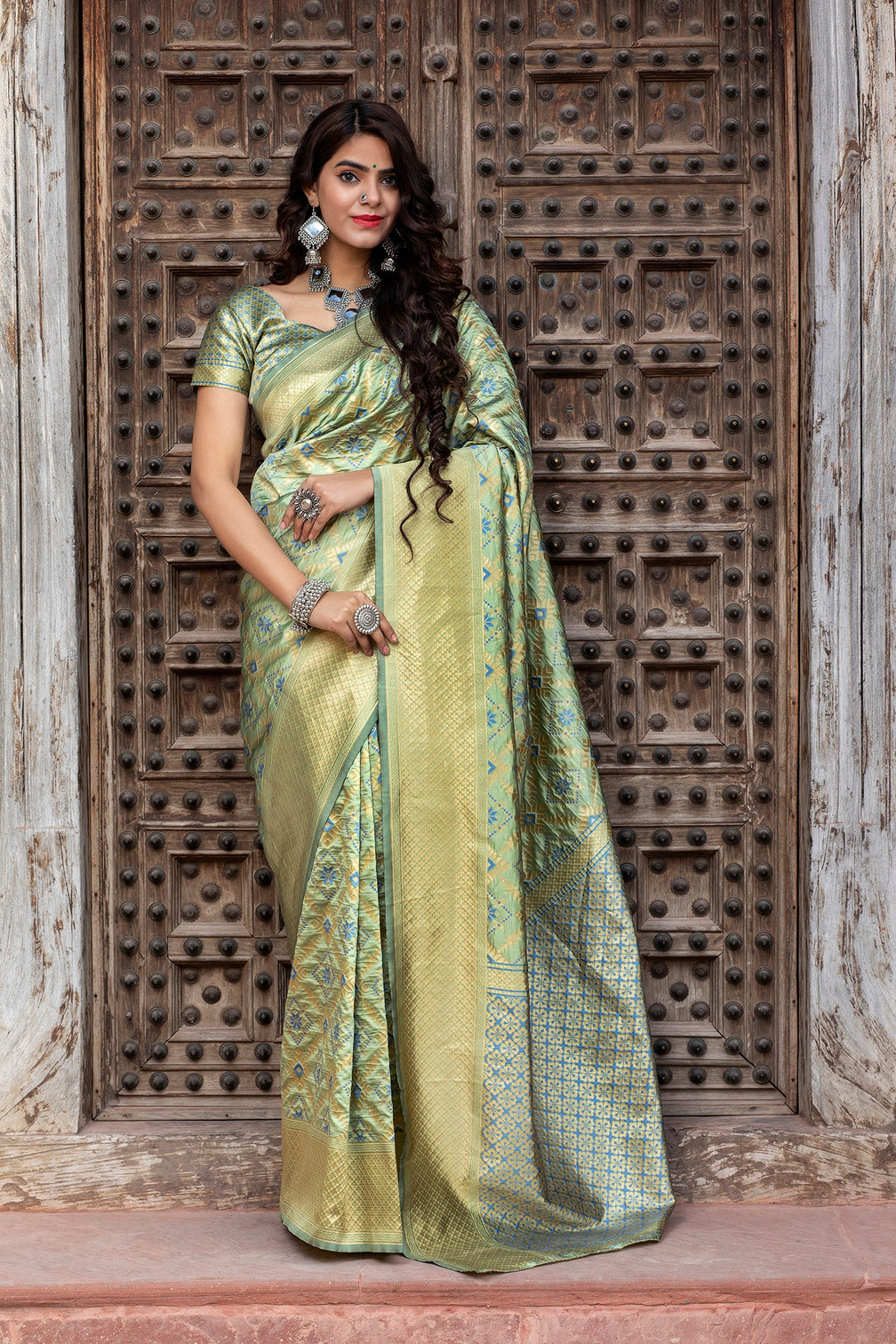 Pista Green Golden Weaving Banarasi Silk Wedding Wear Saree
