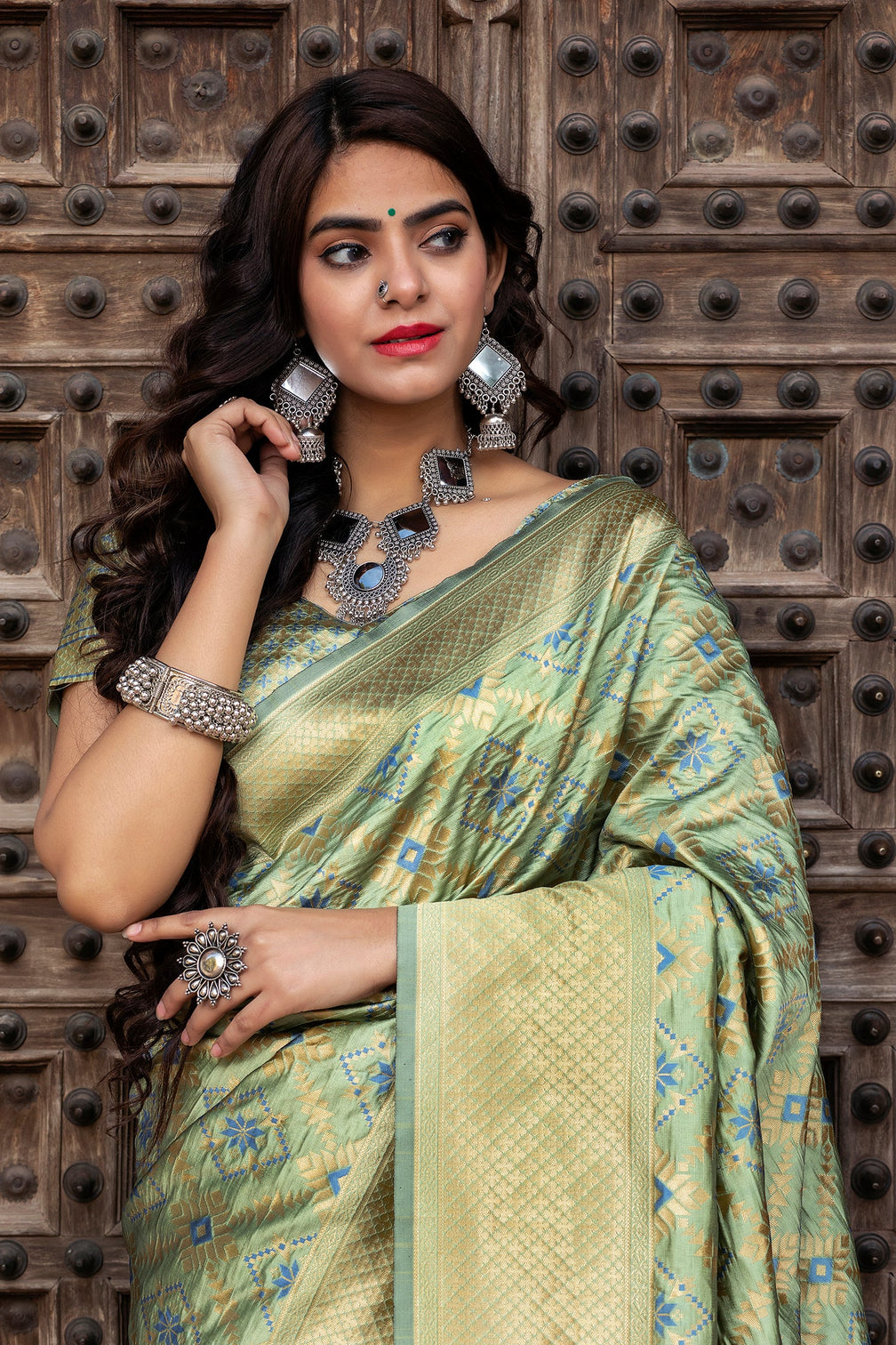 Pista Green Golden Weaving Banarasi Silk Wedding Wear Saree