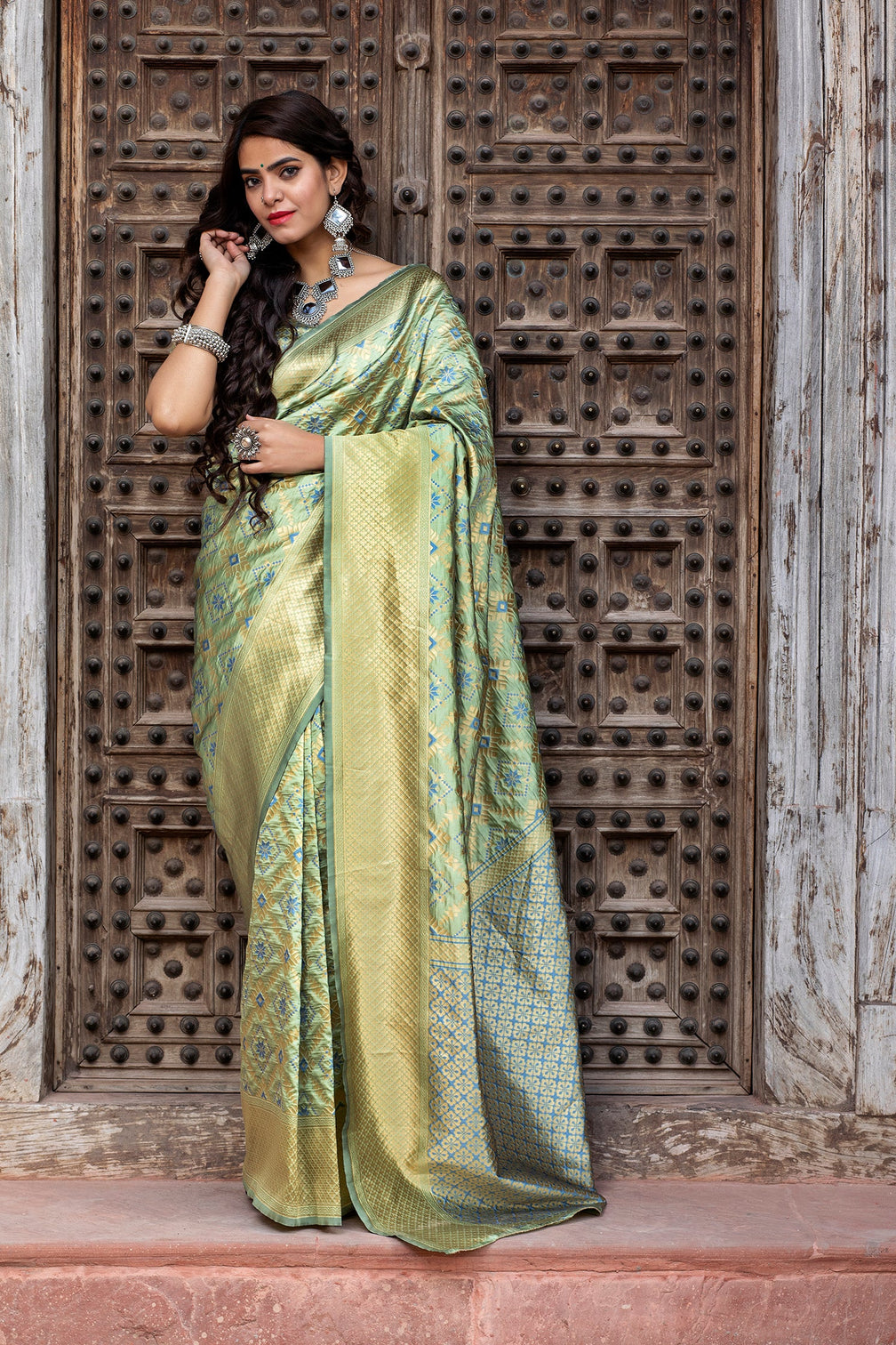 Pista Green Golden Weaving Banarasi Silk Wedding Wear Saree
