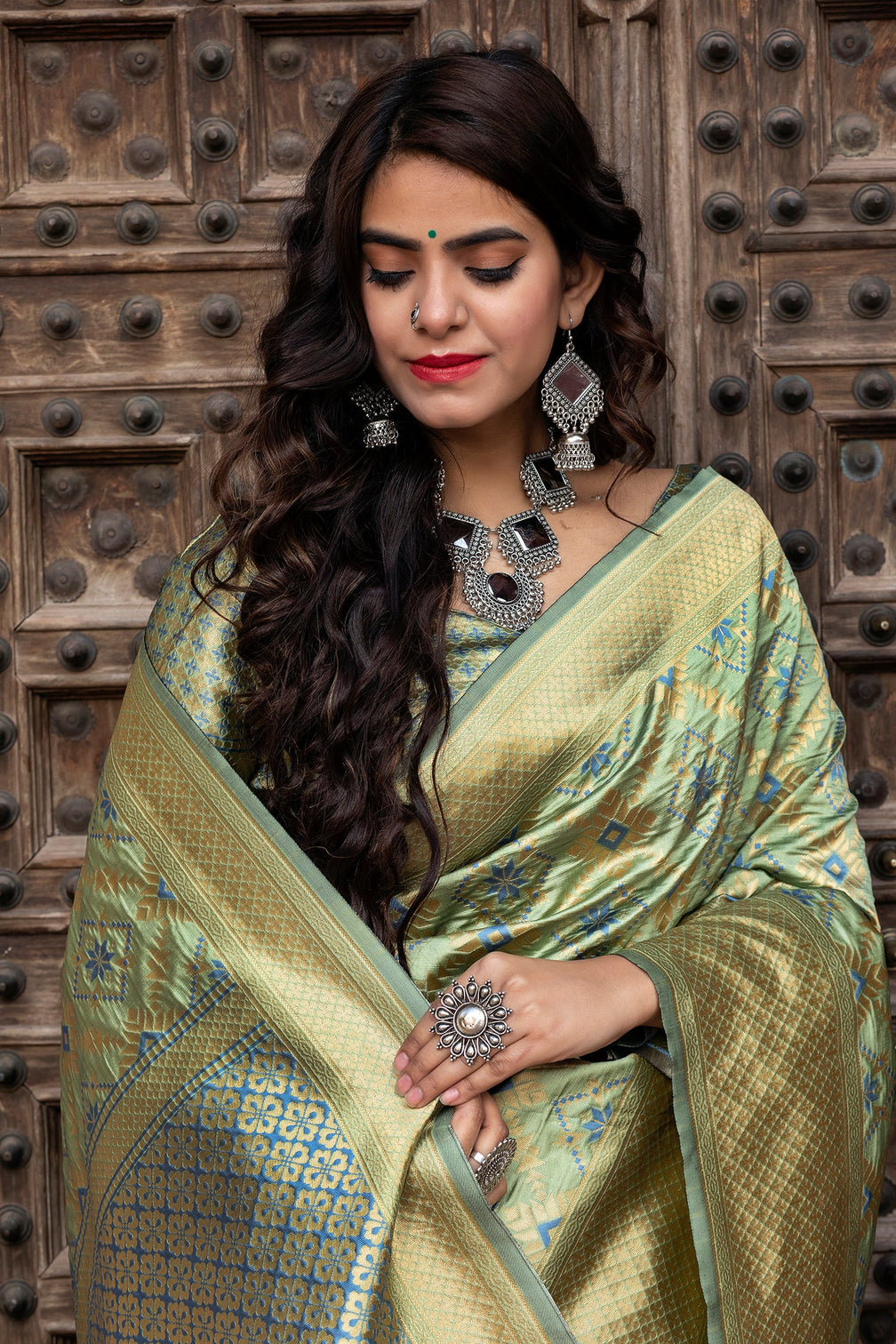 Pista Green Golden Weaving Banarasi Silk Wedding Wear Saree