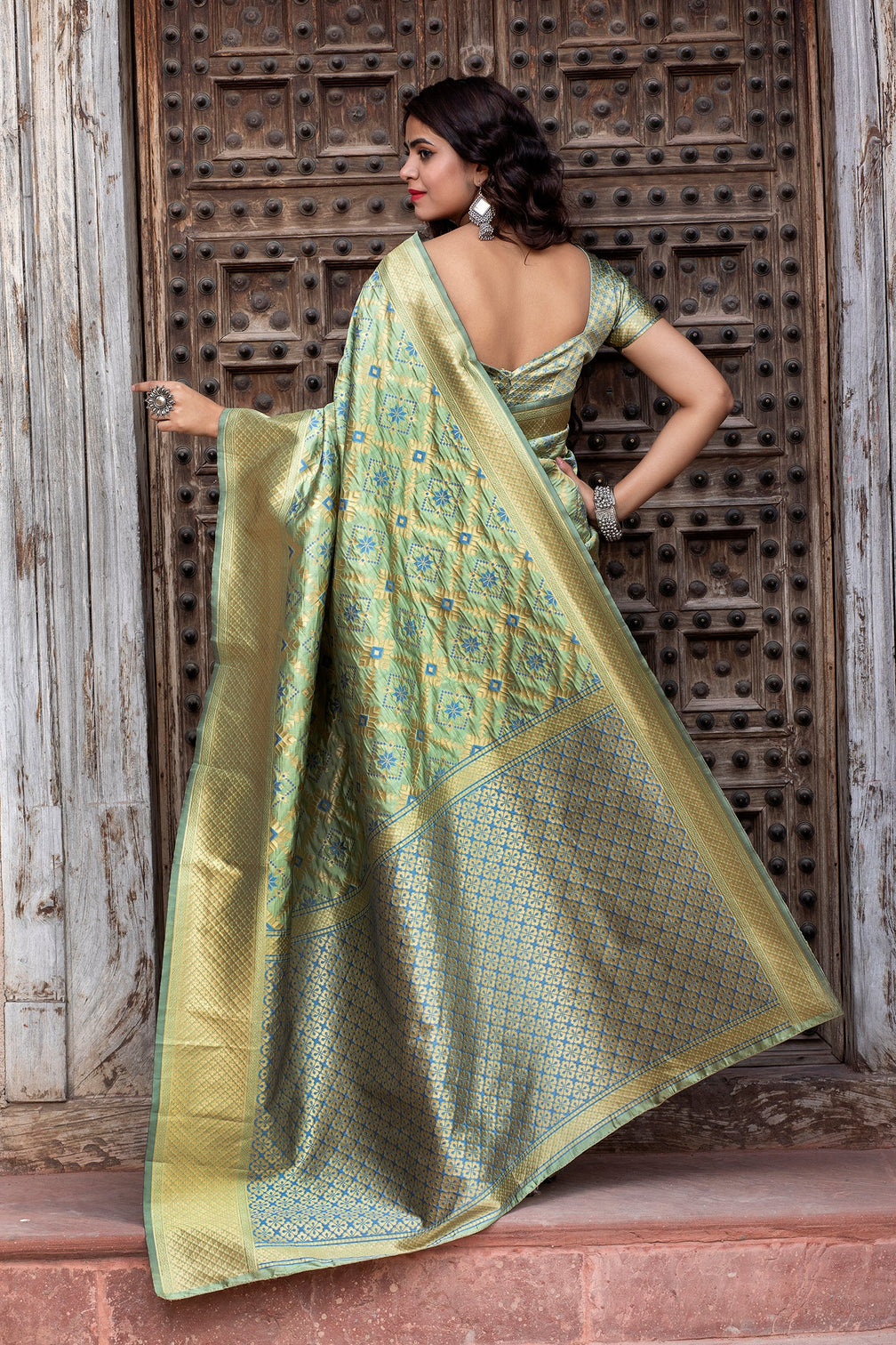 Pista Green Golden Weaving Banarasi Silk Wedding Wear Saree