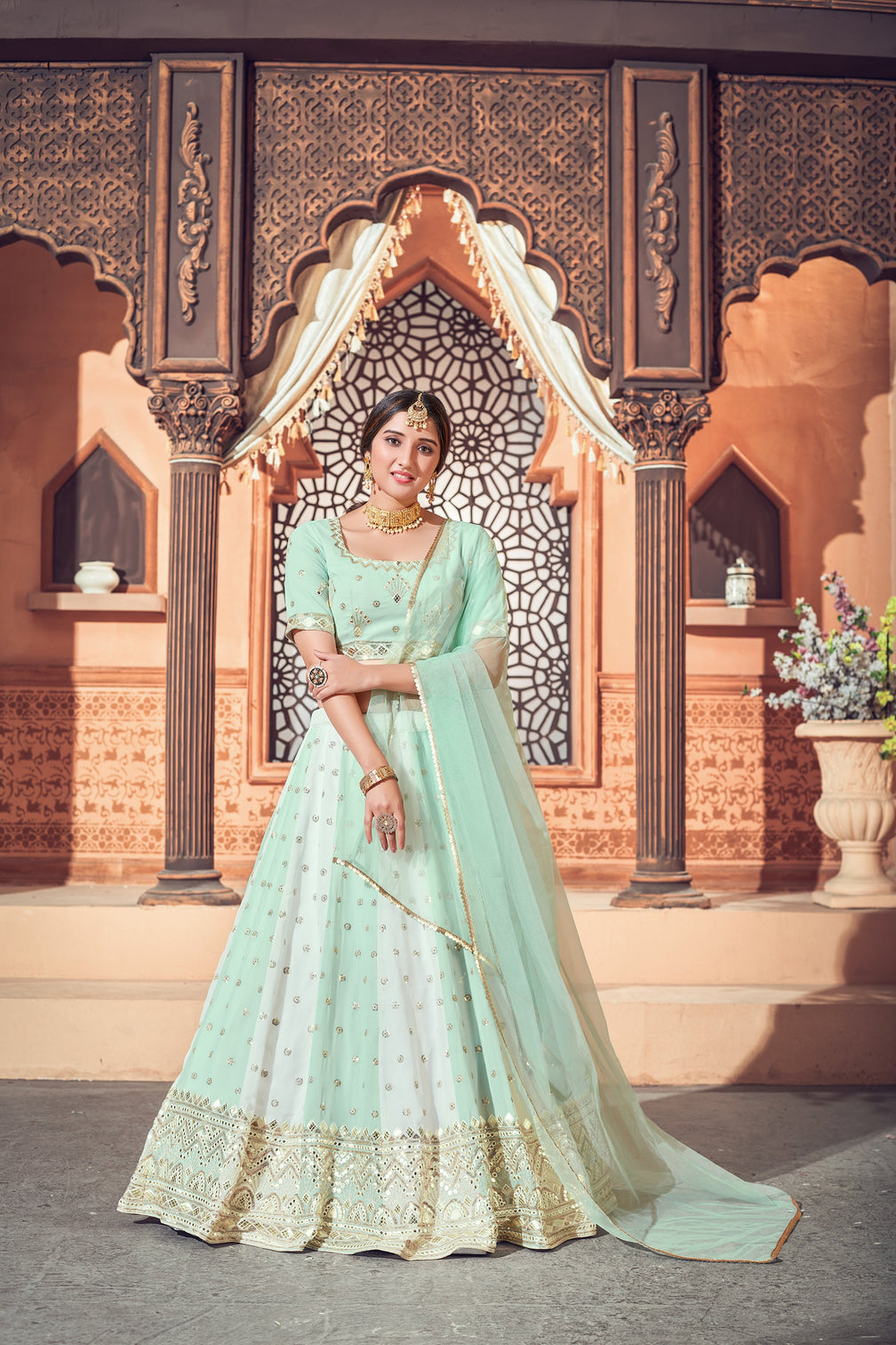 Pista Green Lehenga With Georgette Fabric And Thread With Sequince Embroidered Work And Heavy Can-Can Lehenga For Wedding And Party Wear
