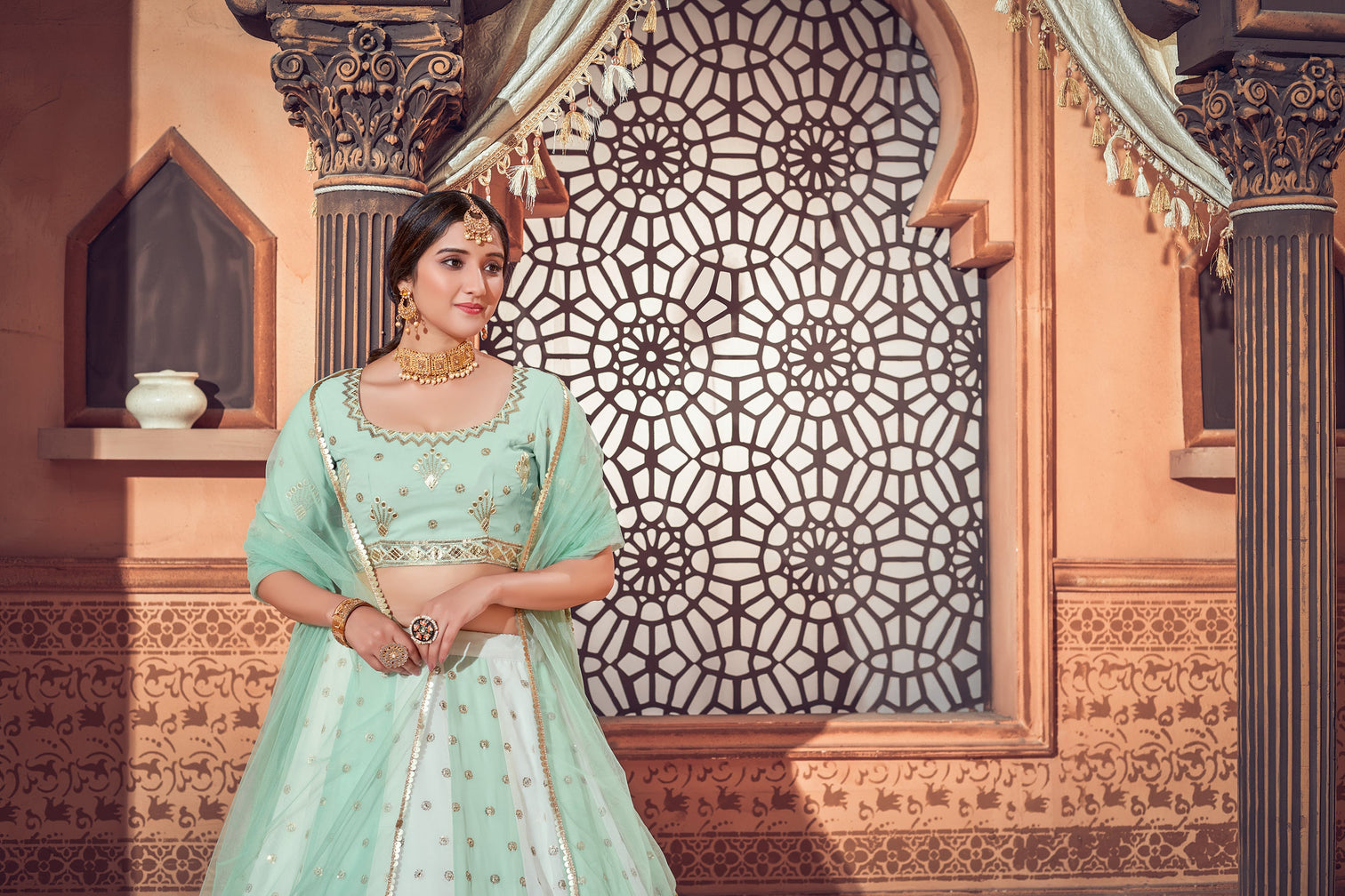 Pista Green Lehenga With Georgette Fabric And Thread With Sequince Embroidered Work And Heavy Can-Can Lehenga For Wedding And Party Wear