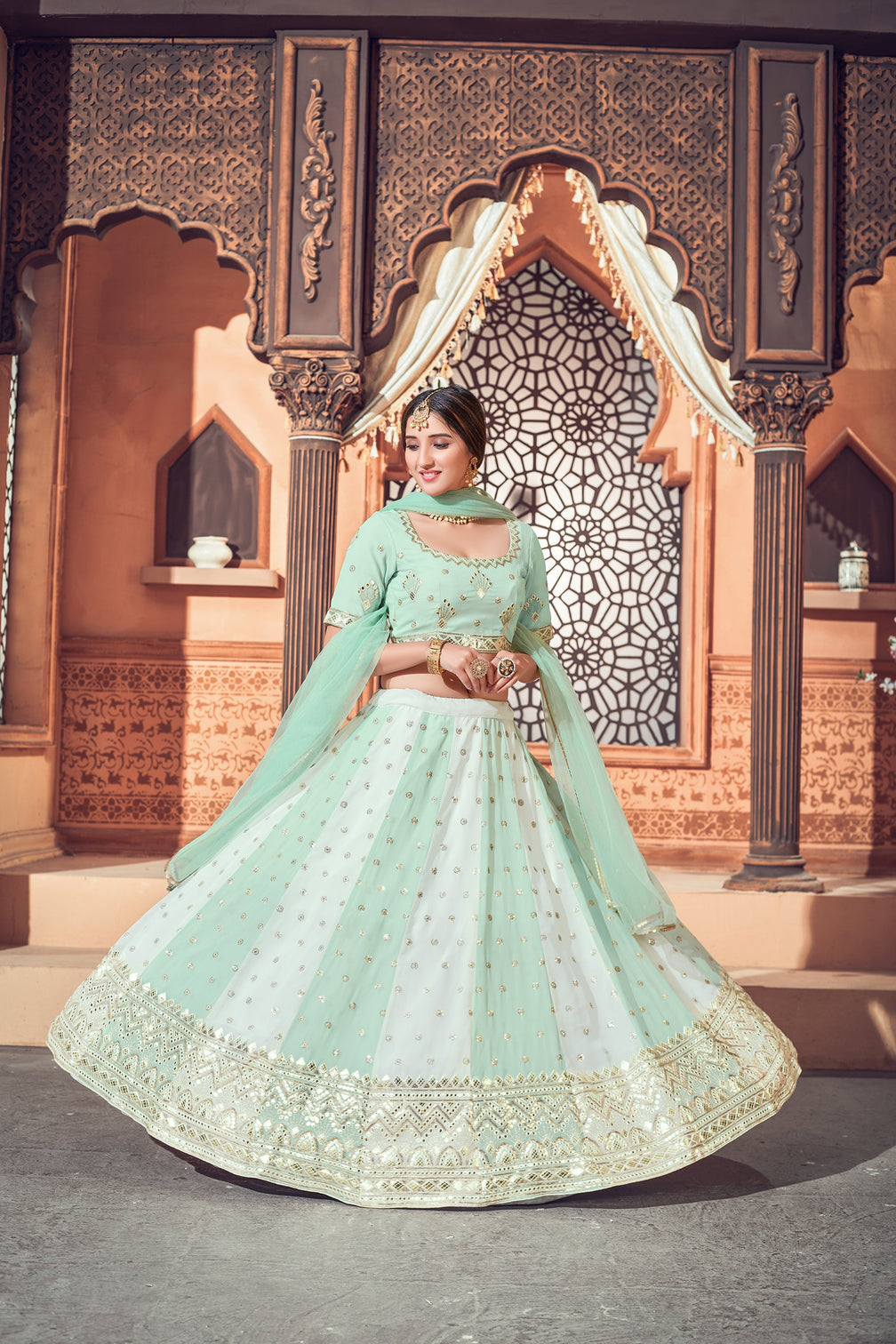 Pista Green Lehenga With Georgette Fabric And Thread With Sequince Embroidered Work And Heavy Can-Can Lehenga For Wedding And Party Wear