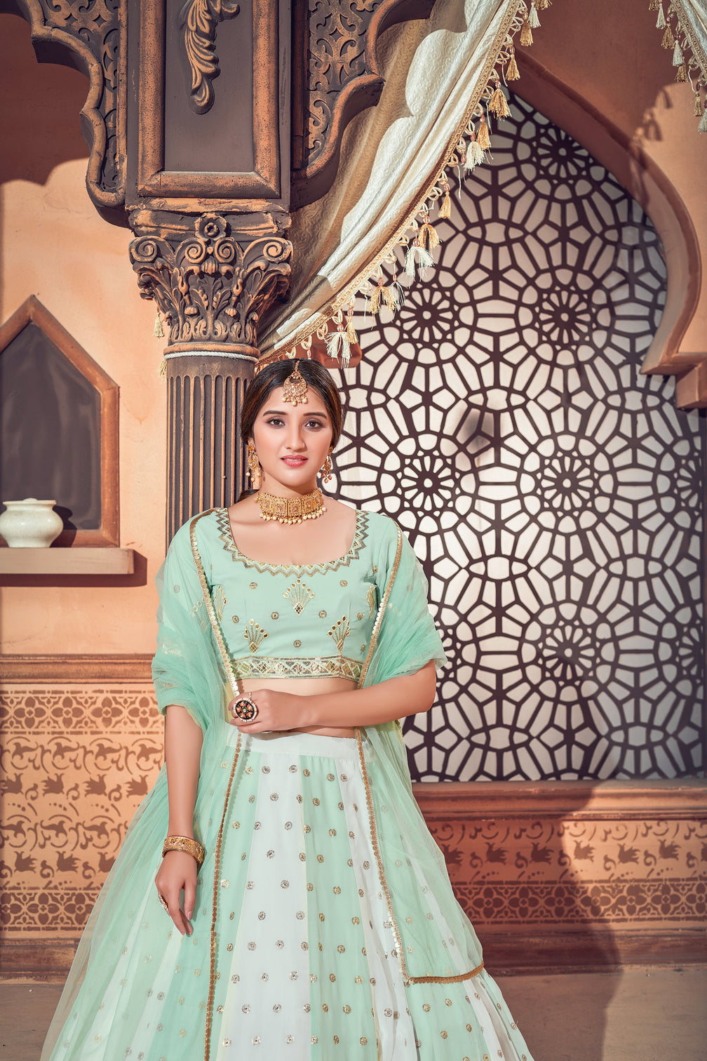 Pista Green Lehenga With Georgette Fabric And Thread With Sequince Embroidered Work And Heavy Can-Can Lehenga For Wedding And Party Wear