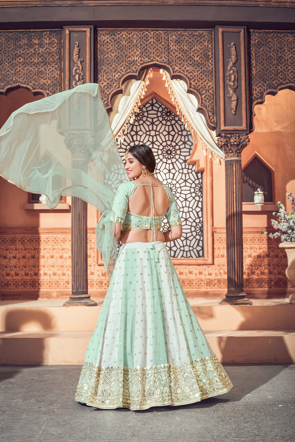 Pista Green Lehenga With Georgette Fabric And Thread With Sequince Embroidered Work And Heavy Can-Can Lehenga For Wedding And Party Wear