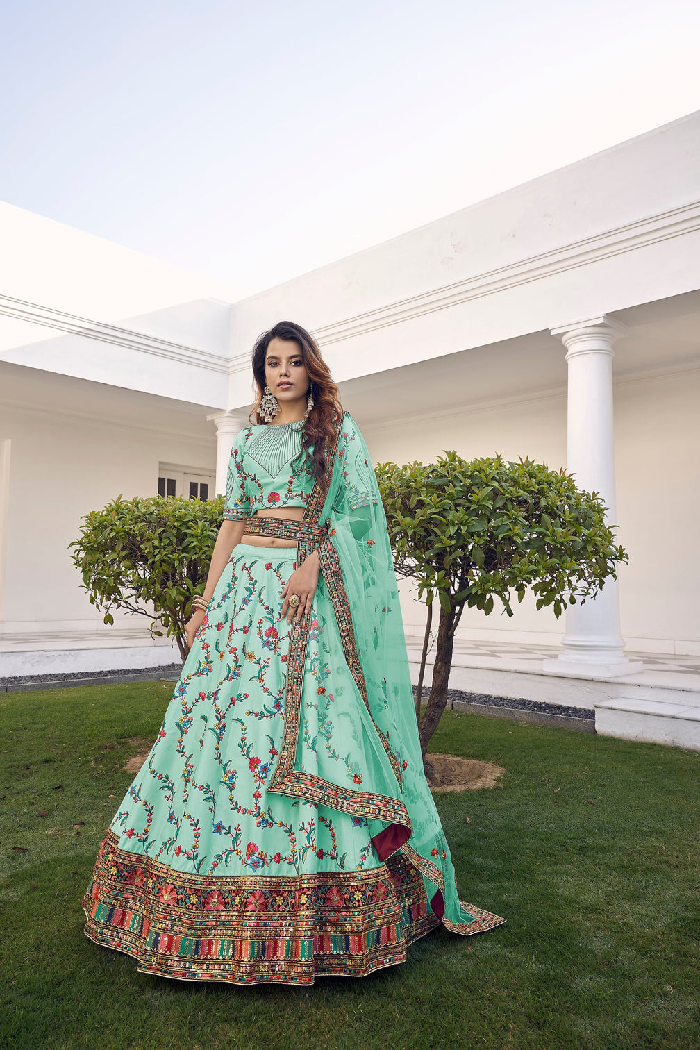 Pista Green Thread With Sequins Embroidered Silk Semi Stitched Wedding Lehenga
