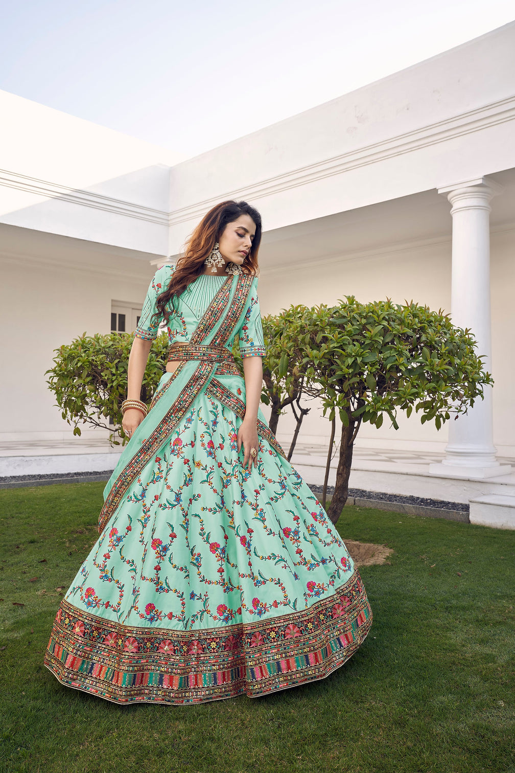 Pista Green Thread With Sequins Embroidered Silk Semi Stitched Wedding Lehenga