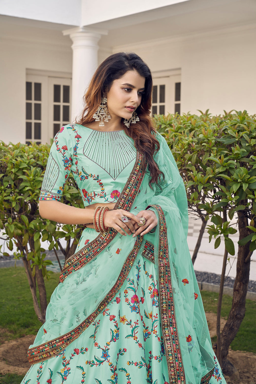 Pista Green Thread With Sequins Embroidered Silk Semi Stitched Wedding Lehenga
