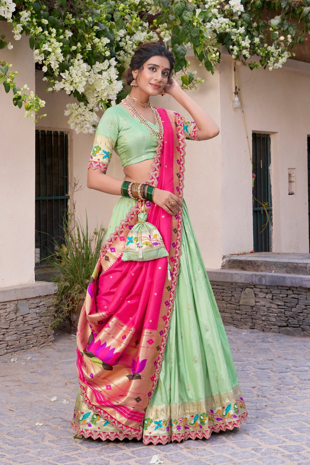 Pista Paithani Jacquard Silk Lehenga Set with Zari Weaving, Embroidery & Scallop