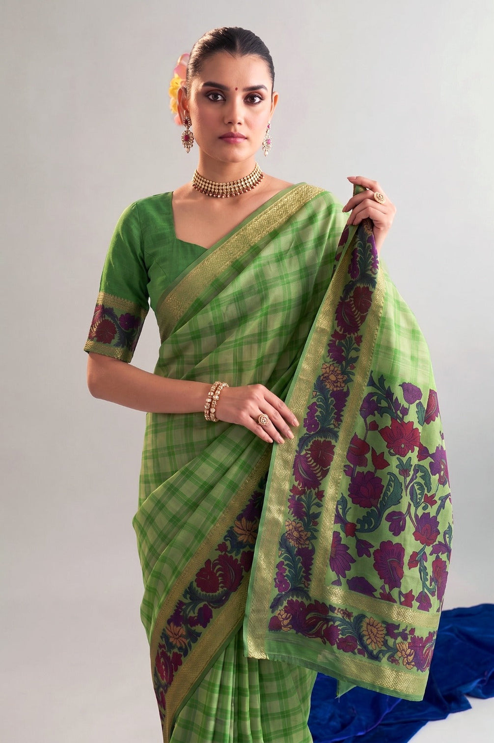 Pista Printed Chanderi Saree with Zari Weaving Work Polyester Viscose