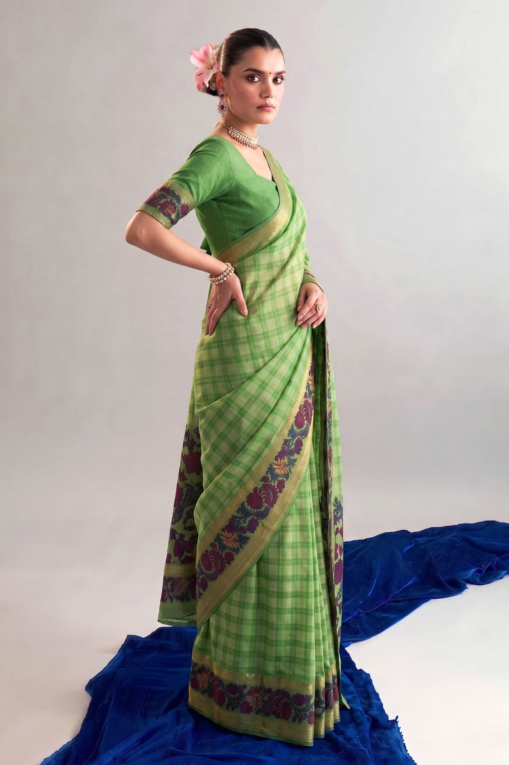 Pista Printed Chanderi Saree with Zari Weaving Work Polyester Viscose
