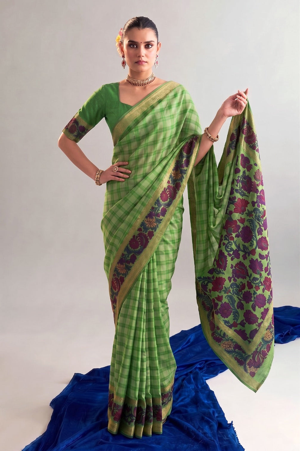 Pista Printed Chanderi Saree with Zari Weaving Work Polyester Viscose
