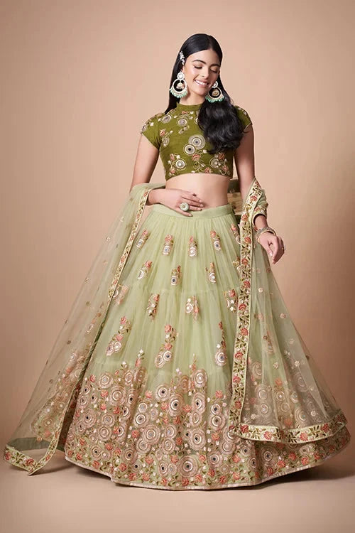 Pista Soft Net Thread  Sequins Embroidered With Mirror Work Lehenga Choli