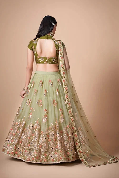Pista Soft Net Thread  Sequins Embroidered With Mirror Work Lehenga Choli