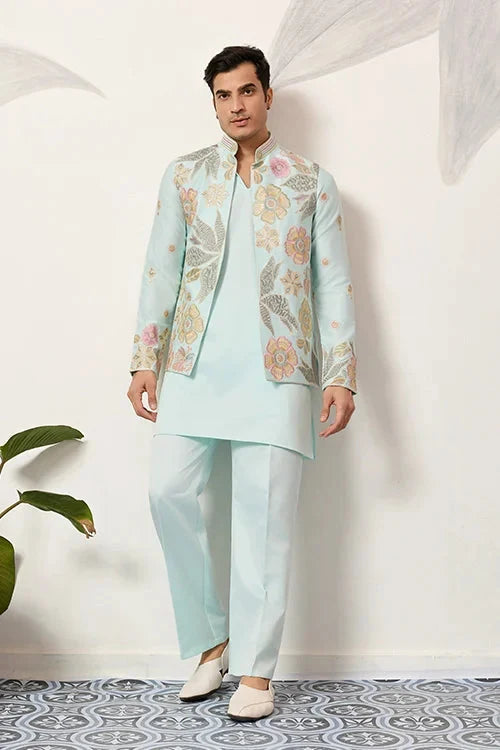 Luxury Wedding & Carnival Wear Pista Green Koti Kurta for Men