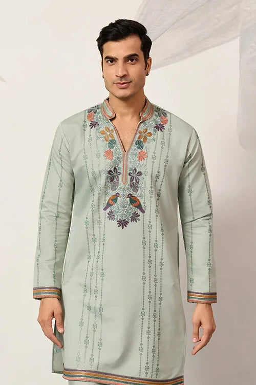 Ethnic Pista V Neck Kurta Pant Set for Mens Wear