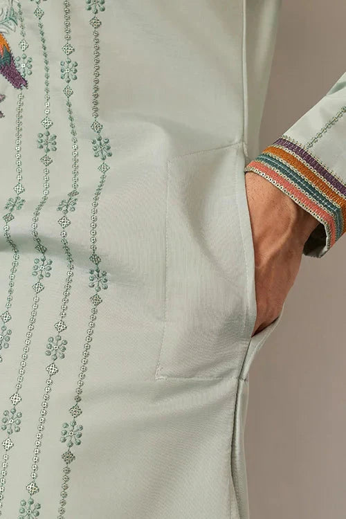 Ethnic Pista V Neck Kurta Pant Set for Mens Wear