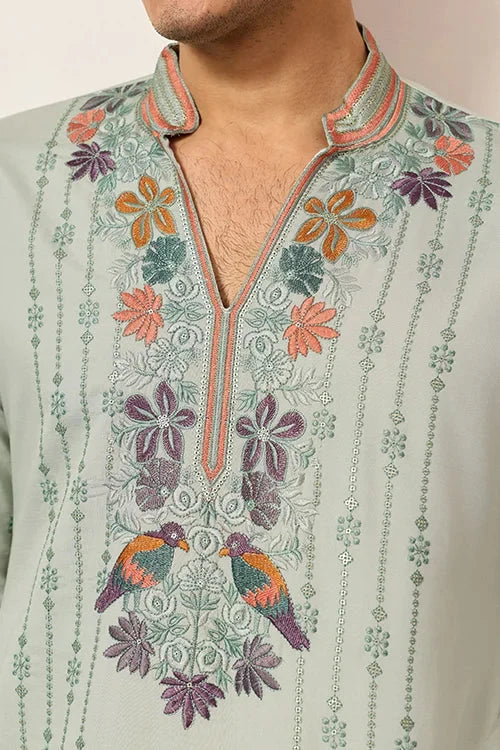 Ethnic Pista V Neck Kurta Pant Set for Mens Wear
