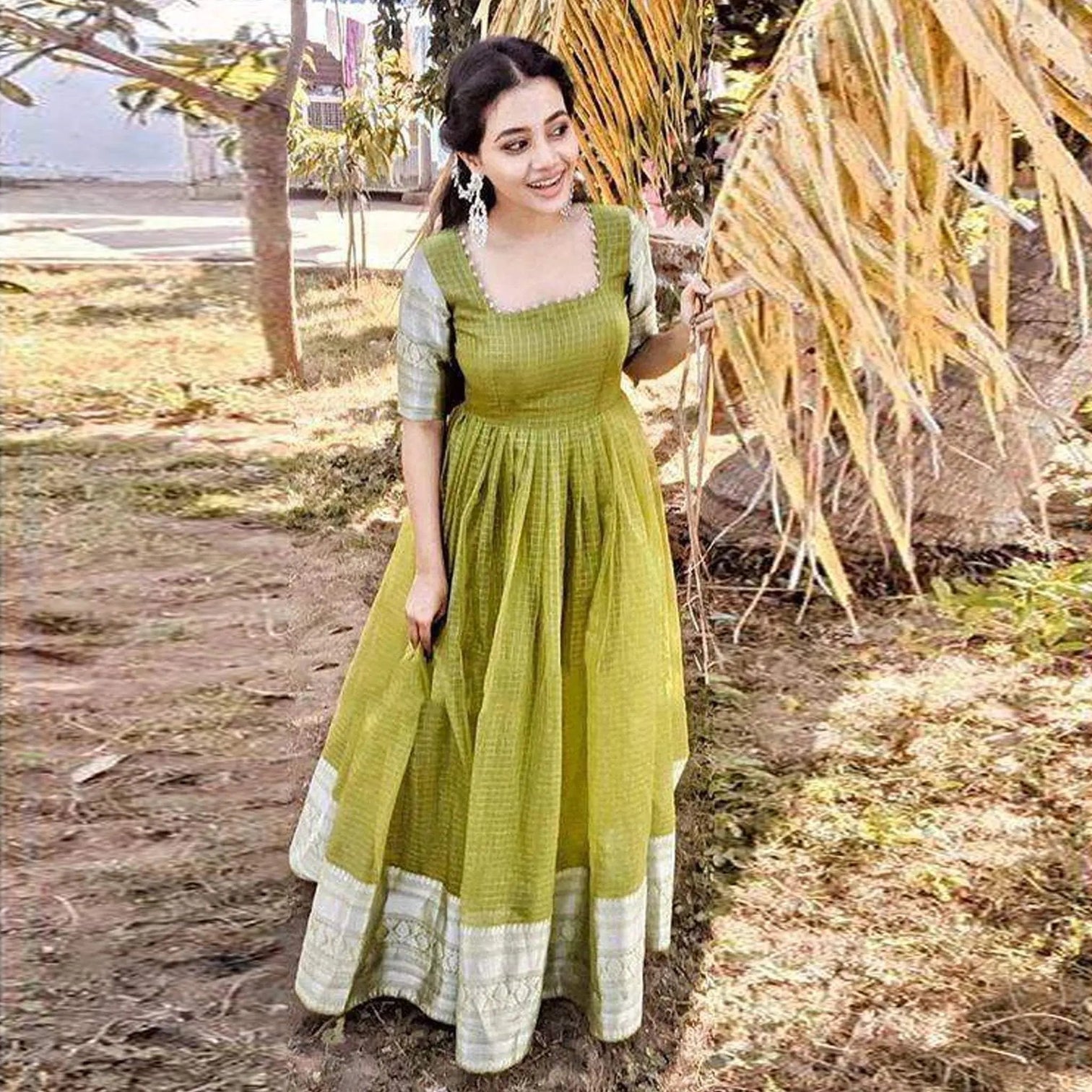 Pleasant Parrot Green Colored Partywear Woven Organza Gown