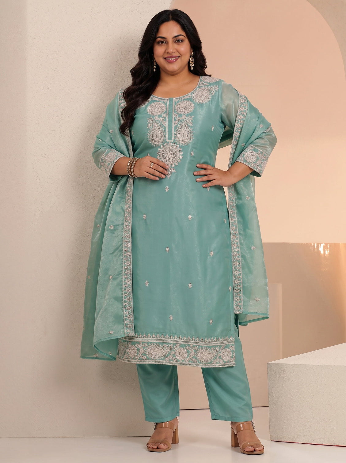 Plus Size Arctic Blue Embroidered Tissue Straight Suit Set